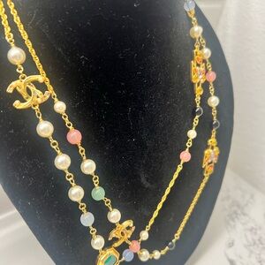 CHANEL CC Pearl Charm Long Necklace Gold Cabochon Statement Designer Jewelry